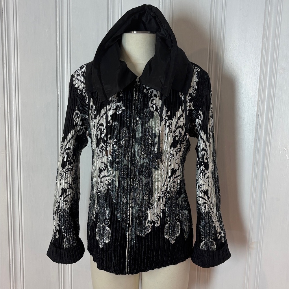ELENA WANG Reversible Black & Paisley Jacket with Sculptural Collar